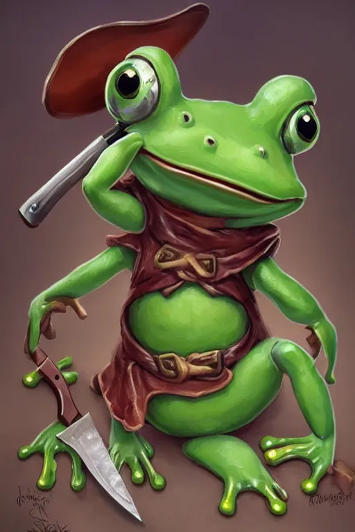 Prompt: cute anthropomorphic frog wearing butcher clothes with a hat and holding a cleaver knife ,tiny, small, miniature frog, baby animal, short, pale blue armor, cute and adorable, pretty, beautiful, DnD character art portrait, matte fantasy painting, cgsociety Artstation, by Jason Felix by Steve Argyle by Tyler Jacobson by Peter Mohrbacher, cinematic lighting