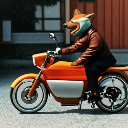Prompt: Corgi riding a 90s Japanese motorcycle in style of Hiroshi Nagai