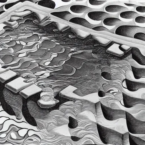 Prompt: M.C. Escher painting of an infinity pool on the edge of the Atlantic Ocean