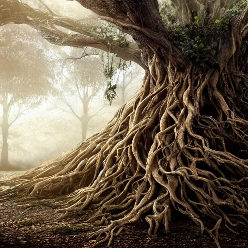 Image similar to full body pose, hyperrealistic photograph of roots of a tree made of bodies, dim volumetric lighting, 8 k, octane beautifully detailed render, extremely hyper detailed, intricate, epic composition, cinematic lighting, masterpiece, trending on artstation, very very detailed, stunning, hdr, smooth, sharp focus, high resolution, award, winning photo, dslr, 5 0 mm