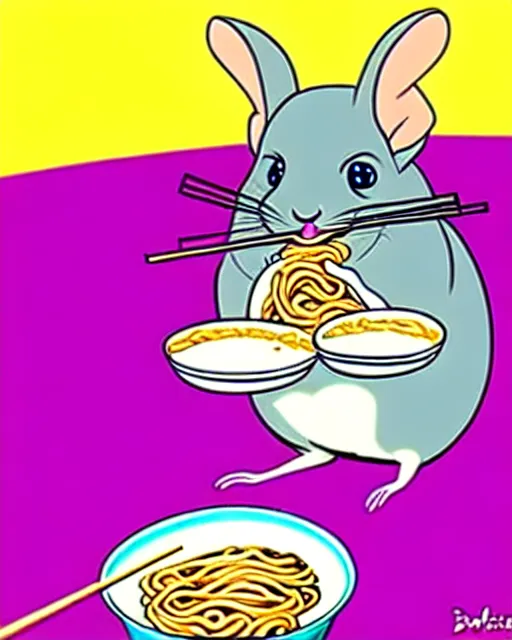 Prompt: cartoon chinchilla eating ramen, disney, hanna barbera