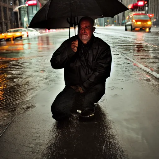 Prompt: closeup portrait of a man fishing in a rainy new york street, photography, studio light