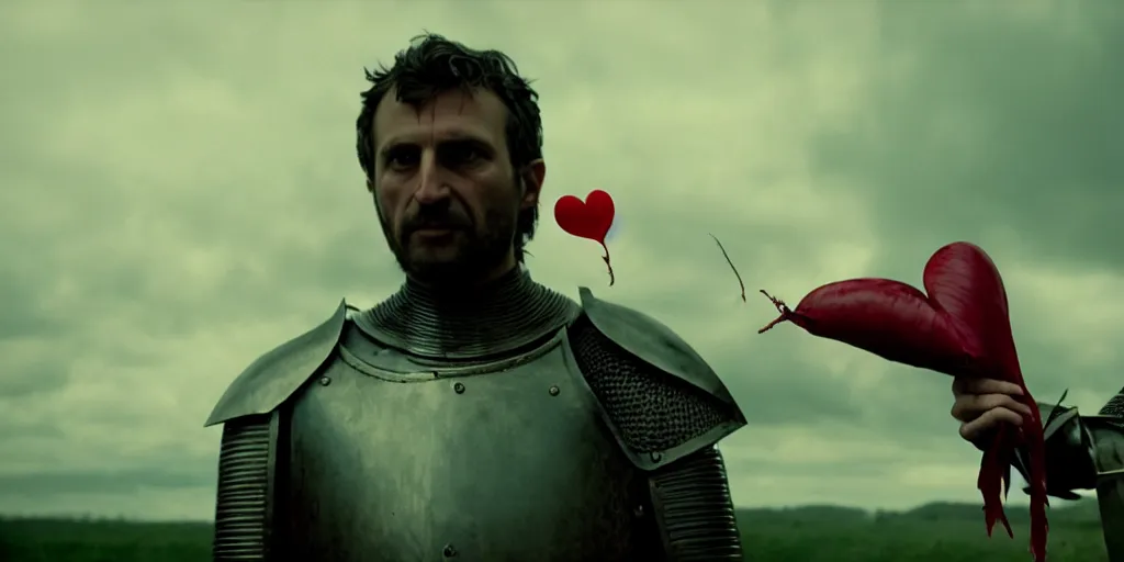 Image similar to film still of closeup the knight holds a bleeding heart in his hand by emmanuel lubezki