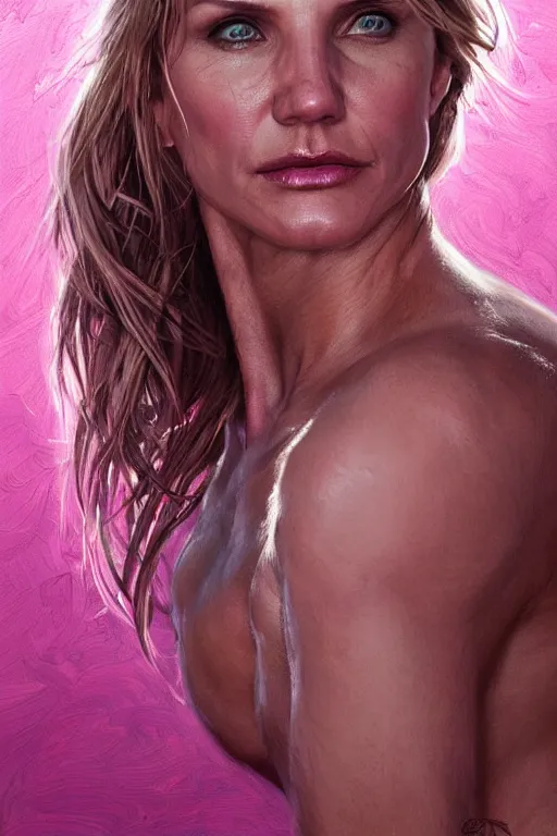 Image similar to muscled Cameron Diaz as a ruggedly handsome hero wearing pink feathers, intricate, elegant, tasteful, highly detailed, centered, digital painting, artstation, concept art, smooth, sharp focus, illustration, art by artgerm and donato giancola and Joseph Christian Leyendecker, WLOP