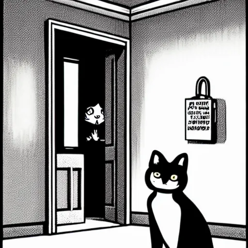 Image similar to a grey british short cat is sitting in front of a closed white door. the cat is holding a megaphone. the cat is meowing through the megaphone. creepy. manga art by Junji Ito.