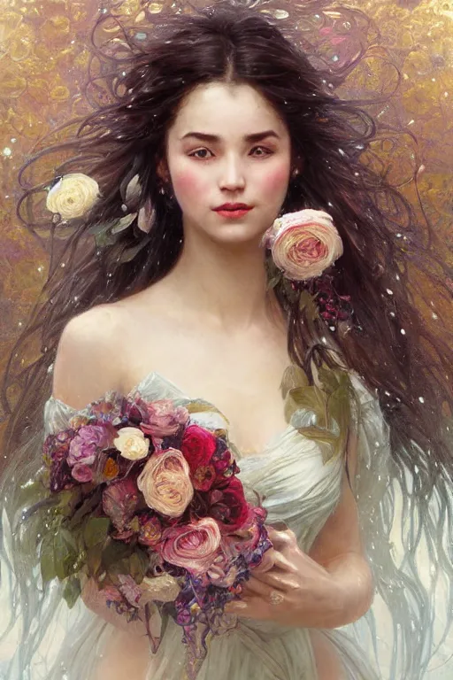 Image similar to portrait of a beautiful mysterious woman holding a bouquet of flowing flowers, wet dripping long hair, hands hidden under the bouquet, emerging from the water, fantasy, regal, intricate, by stanley artgerm lau, greg rutkowski, thomas kindkade, alphonse mucha, loish, norman rockwell