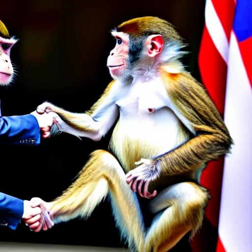 Image similar to a monkey in a jacket shakes hands with the president, a political channel, news.