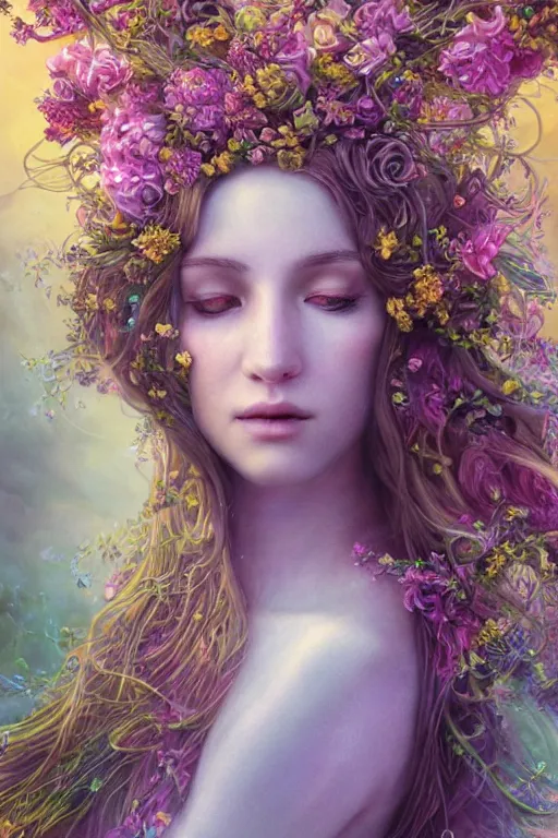 Prompt: elaborately detailed close up realistic portrait of an extremely beautiful girl with very long dark hair surrounded by flowers, an eerie mist and many ethereal rainbow bubbles, Aetherpunk, iridiscent geometry, high fantasy professionally painted digital art painting, fantasy matte painting movie poster, Art Nouveau, smooth, sharp focus, atmospheric lighting, highly detailed illustration highlights, backlight, golden ratio, 8K detail post-processing, symmetrical facial features, rich deep moody colors, majestic, dark epic fantasy, award winning picture, sense of awe, featured on DeviantArt, trending on cgsociety