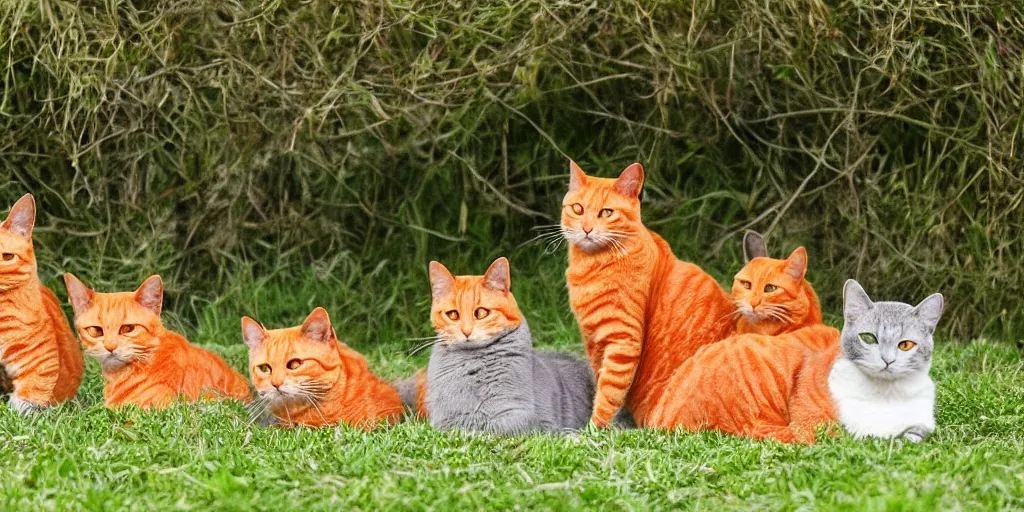 Image similar to three orange cats and two grey cats relaxing in a field