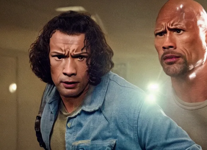 Image similar to film still of dwayne the rock johnson in the new stranger things movie, 4 k, highly detailed face, detailed eyes