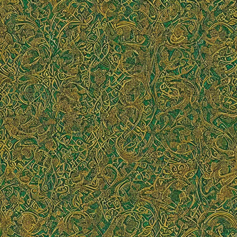 Prompt: medieval celtic arabic ornament with mystic birds and flowers, highly detailed, green and gold, fractal, mandelbrot,