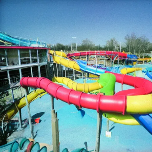 Image similar to a photo of an abandoned water park from the 1 9 9 0 s, disposable film