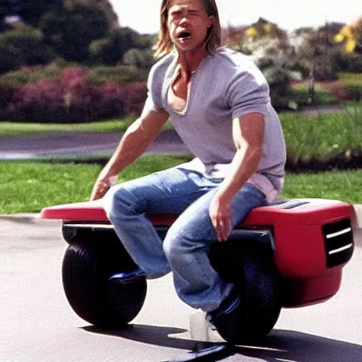 Prompt: brad pitt riding a hover board, back to the future 2