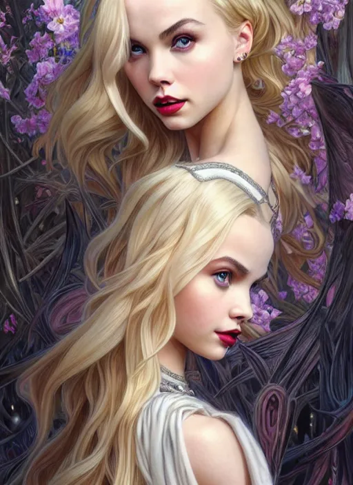 Image similar to ultra realistic illustration, a stunningly beautiful greek gothic goddess of chaos played by jordyn jones and dove cameron and margot robbie and taylor swift and megan fox, intricate, elegant, highly detailed, digital painting, artstation, concept art, smooth, sharp focus, illustration, art by artgerm and greg rutkowski and alphonse mucha