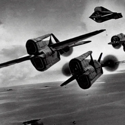 Image similar to an old ww2 photograph of star wars TIE fighters, AT-AT, WW2 planes fighting