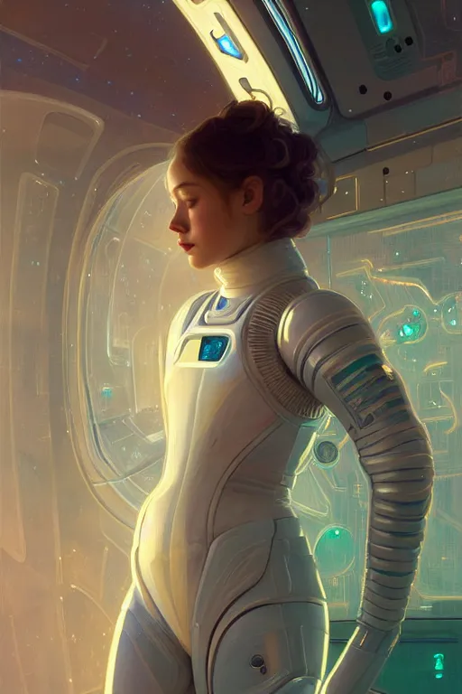Prompt: portrait armored astronaut girl, sliver ice color reflected wardrobe, in spaceship interior, ssci-fi neon light and fantasy, intricate and very very beautiful and elegant, highly detailed, digital painting, artstation, concept art, smooth and sharp focus, illustration, art by tian zi and WLOP and alphonse mucha