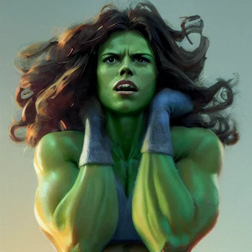 Image similar to she hulk, played by scarlett johannson, beautiful, cinematic, head and shoulders, striking pose, by greg rutkowski