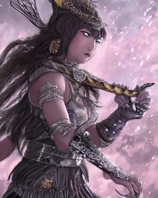 Image similar to A beautiful female warrior being killed by a witch, beautiful face, highly detailed face, close-up, fantasy art, female art, in the style of masami kurumada, illustration, epic, fantasy, intricate, hyper detailed, artstation, concept art, smooth, sharp focus, ray tracing