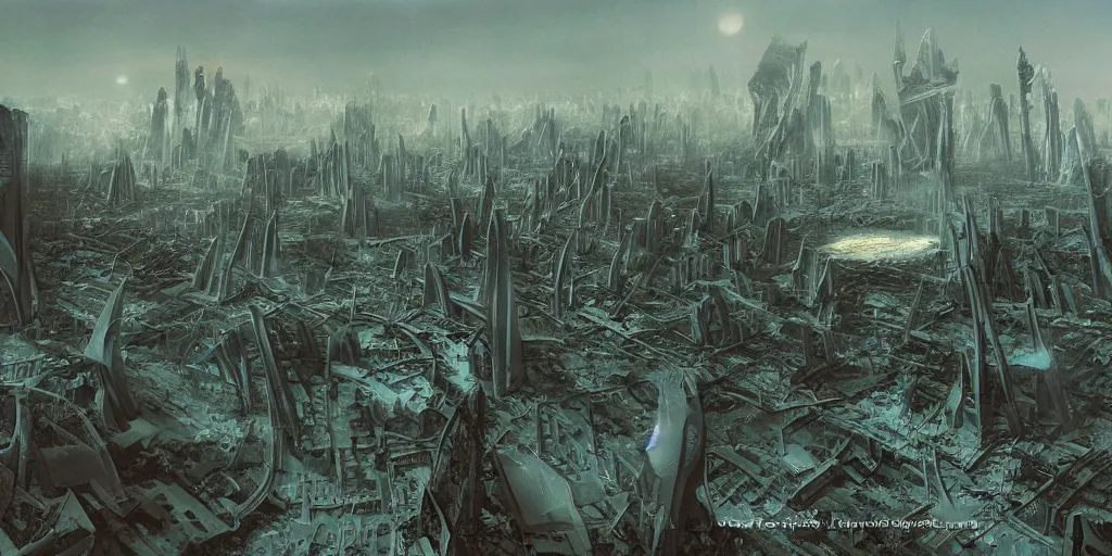 Image similar to future forest city attacked by spaceship, trees, plant, broken buildings, doom of the gods, monster, gravity mess, star trek, glory war, photograph, by arthur haas and bruce pennington and john schoenherr, cinematic matte painting, zaha hadid building, photo realism, dark moody color palate, blue hour stars, desolate glacial landscape,