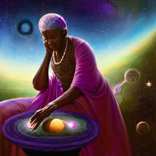 Image similar to an elder african psychic woman reading her crystal ball under a meteor shower, greg rutkowski and android jones and amanda sage, oil on canvas, 8k