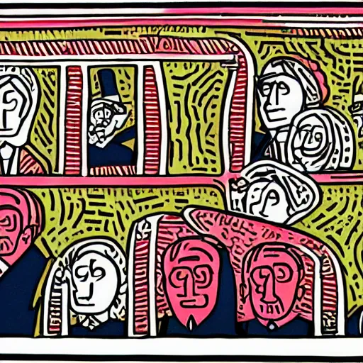 Image similar to orthodox jews in a bus on a hot summer by keith harring