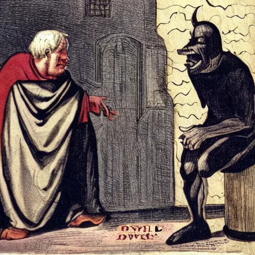 Image similar to A devil tempts a man with sin.