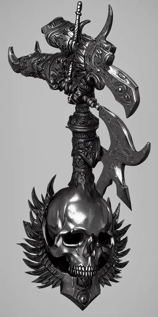 Image similar to a black and silver axe skull crest, ornament, weapon, render by dom qwek, trending on polycount, artstation, hard surface modeling