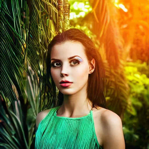 Image similar to a portrait photo of a beautiful young woman in a futuristic tropical city, very sharp and detailed image, award winning