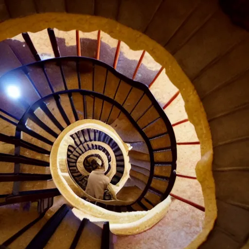 Prompt: a guy walking up a spiral staircase made of cookies