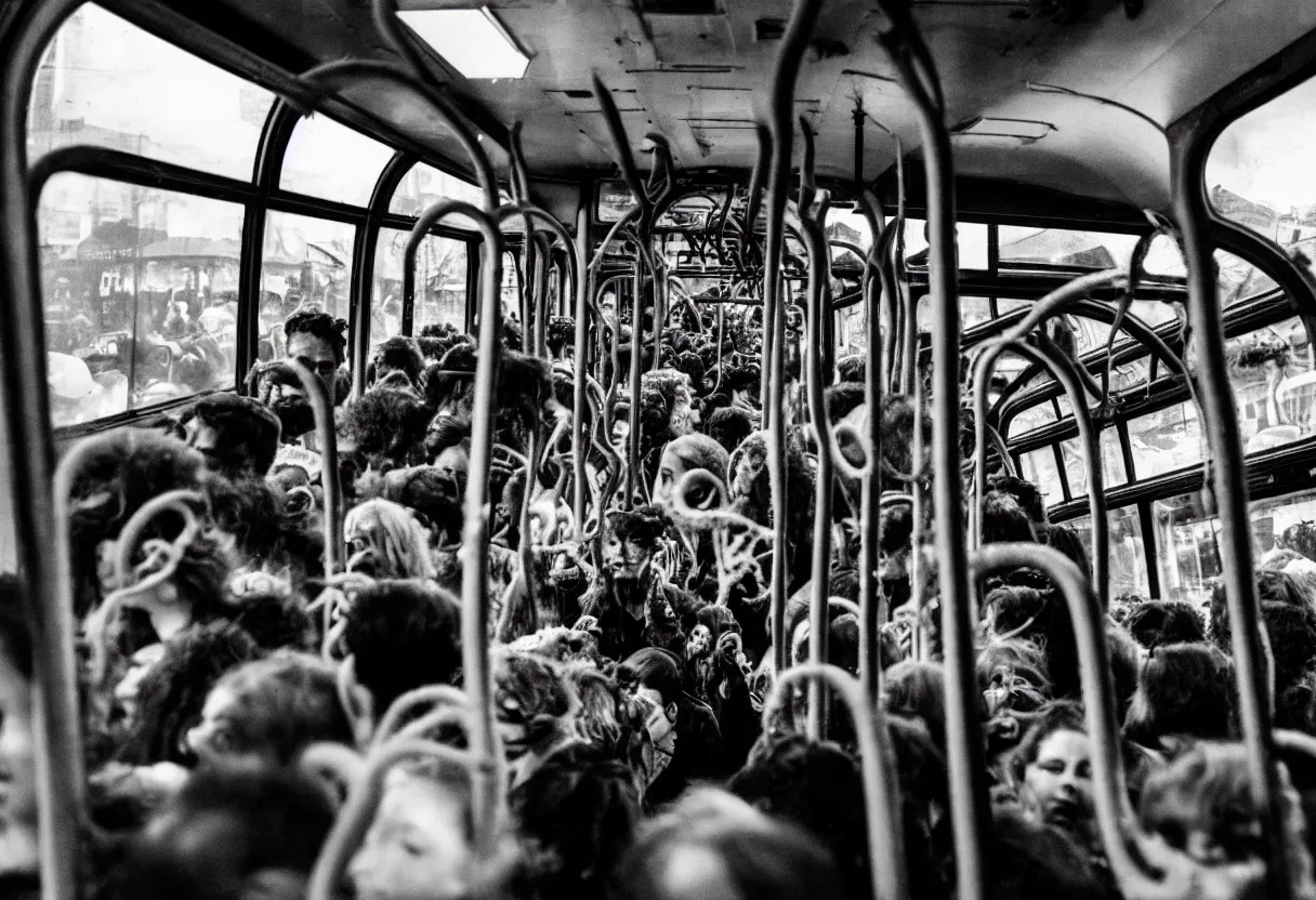 Image similar to 1 6 mm lens photo of a interior of a crowded bus in a moment of terror, there is a huge monster octopus trying to break in, octopus beak can be seen, arms creeping in thrugh the windows, people are scared and screaming while trying to flee through the windows and doors,