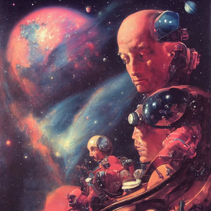 Prompt: a close - up view, renaissance portrait of a future space astronaut surrounded by nebula. deep blue and pink tones. gloomy dark black background. highly detailed fantasy science fiction portrait painting by norman rockwell, moebius, frank frazetta, and syd mead. rich colors, high contrast. artstation