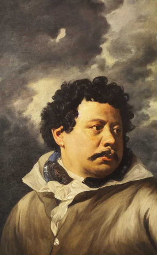 Prompt: Portrait of Alexandre Dumas, oil on canvas, highly detailed, by Delacroix, 8k