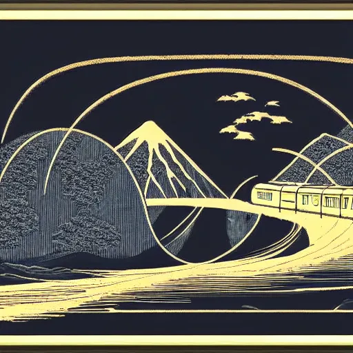 Prompt: atlas shrugged train speeding toward mountains, motion blur, art deco, jormungandr, hokusai, james gurney, on black paper with gold and chartruese link