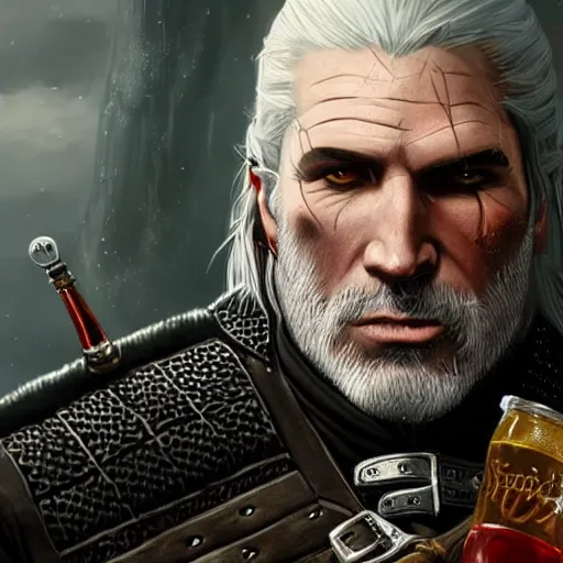 Image similar to geralt the witcher 3 drinking coca cola, d & d, fantasy, intricate, elegant, highly detailed, digital painting, artstation, concept art, matte, sharp focus, illustration, hearthstone, art by artgerm, art by greg rutkowski, art by alphonse mucha