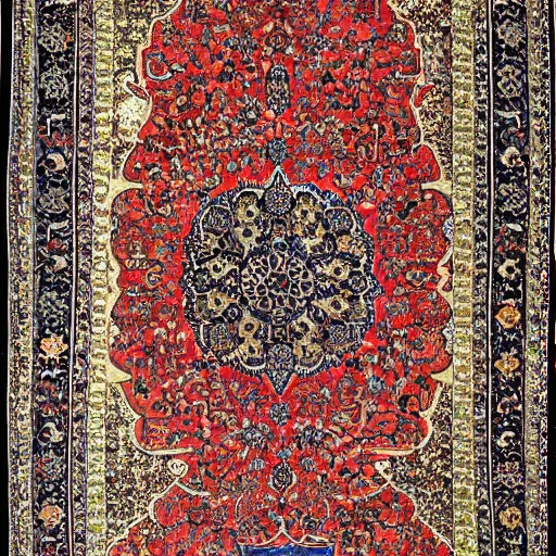 Prompt: rug with an intricate design, a flemish baroque by taravat jalali farahani, trending on pinterest, qajar art, creative commons attribution, ornate, intricate