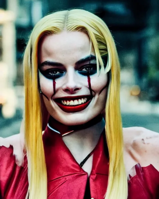 Prompt: 3 5 mm photo of elegant suicide squad margot robbie that looks like harley quinn, long blonde hair and big eyes, beautiful smile, finely detailed perfect face, standing on the wet street at sunset, ambient golden hour sunset lighting,