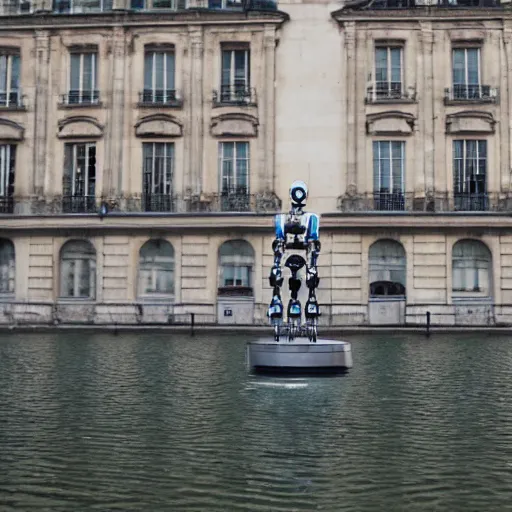 Image similar to a robot standing in the miroir d'eau of bordeaux