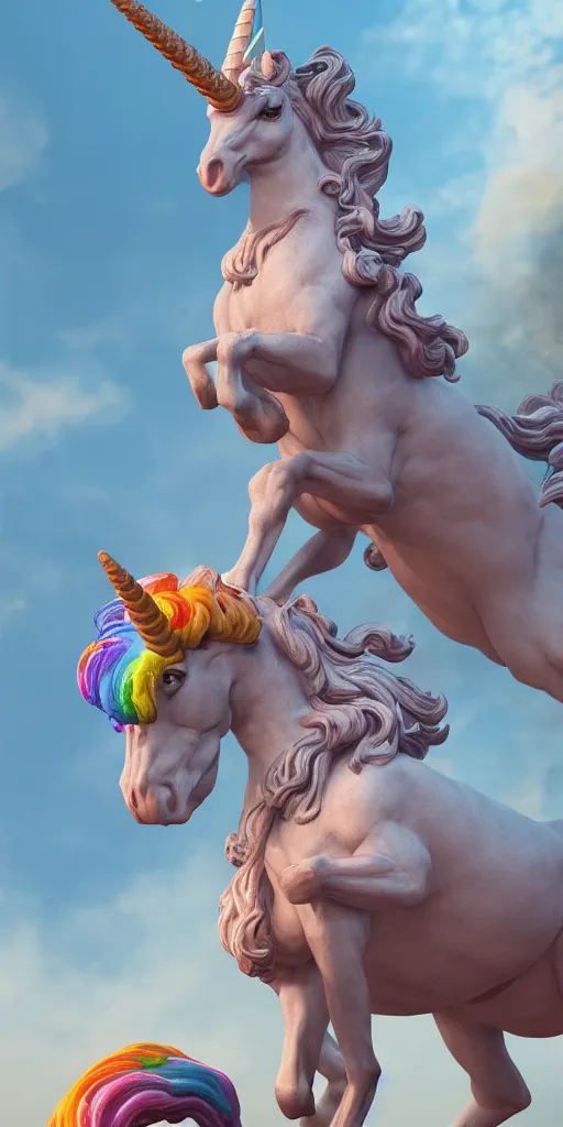 Image similar to a statue of a ramping unicorn sourrounding by a colorful smoke, victorian baroque, hyperrealistic, detailed, depth of field, High definition, 8k, depth of field, octane render, artstation