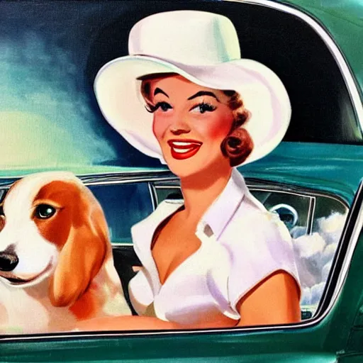 Prompt: a pin up driving with her white dog and big hat, award winning, 1 9 5 0 s painting