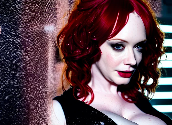 Image similar to portrait shot of christina hendricks in cyberpunk clothed, shiny skin, wet, oily, intricate, elegant, highly detailed, centered, zeiss lens, canon eos, cinematic lighting, photography, film still