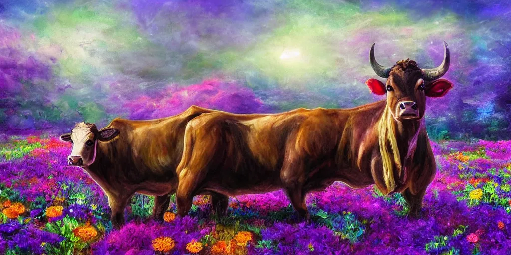 Image similar to fantasy artwork of a cow in a field of glowing flowers