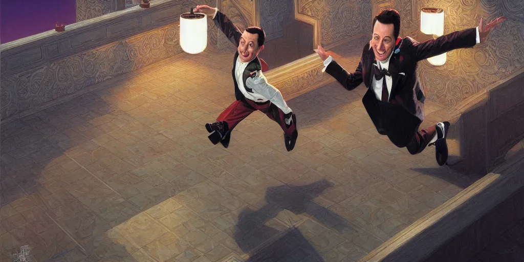 Image similar to Portrait of pee-wee herman leaping to the side, highly detailed, digital painting, artstation, concept art, illustration, dramatic lighting, art by donato giancola