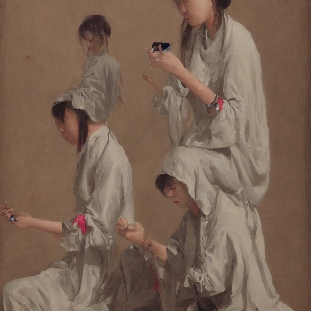 Image similar to i, a beautiful woman playing her iphone, by qibaishi