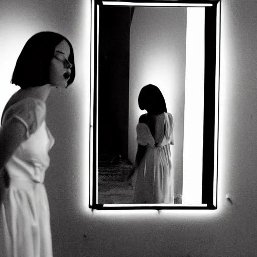 Image similar to a beautiful woman is frightened by her ugly doppleganger in a mirror. she is in a long hallway of mirrors. haunting atmosphere, dimly lit, dark, horror style, realistic, 3 5 mm lens, low angle, 3 / 4 view.