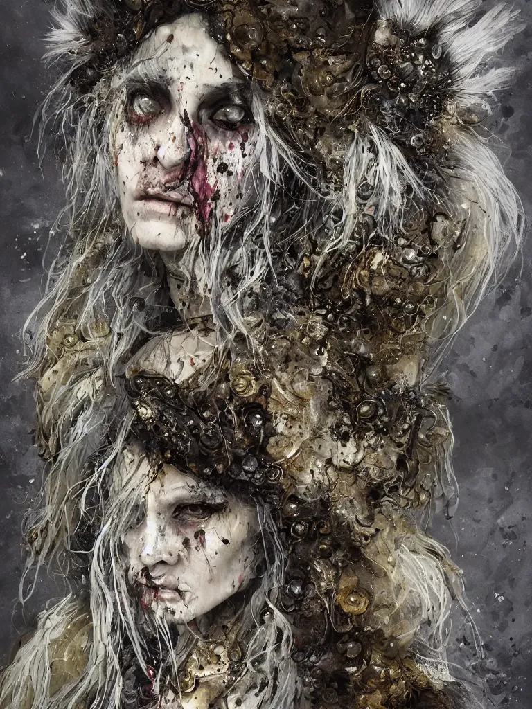 Image similar to splatterpunk portrait of an old witch with cream coloured hair wearing a heavy dark feathered and fur lined cloak in a cloistered woodland, James Gleeson inspired, golden accents, face, fantasy, intricate, highly detailed, digital painting, artstation, concept art, smooth, sharp focus, illustration, art by Wei Fan and Fernanda Suarez and Artem Demura and alphonse mucha