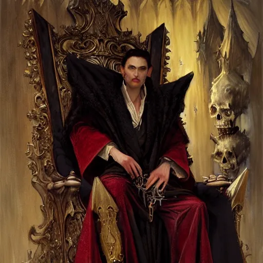 Image similar to perfectly centered portrait of attractive vampire king in a robe sitting on a throne of bones, highly detailed painting by gaston bussiere, craig mullins, j. c. leyendecker, 8 k