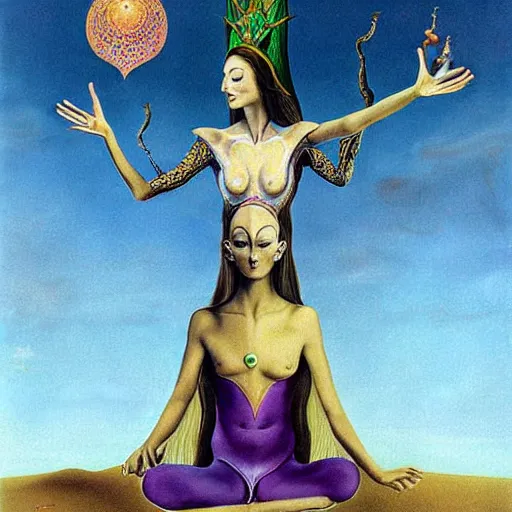 Image similar to ascending meditating elven princess, dmt shaman, surreal, by salvador dali