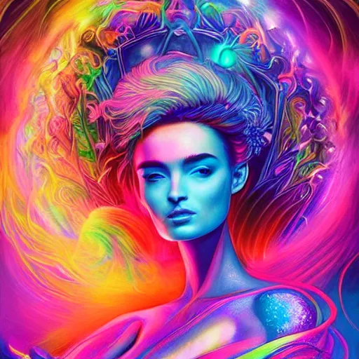 Prompt: a neon psychedelic chakra awakening kundalini ethereal portrait of kim petras with her eyes closed transcending to a higher plane of existence, eternal blessing, multiverse, by android jones, by ben ridgeway, visionary art, by artgerm, featured on artstation, cgsociety, by greg rutkowski