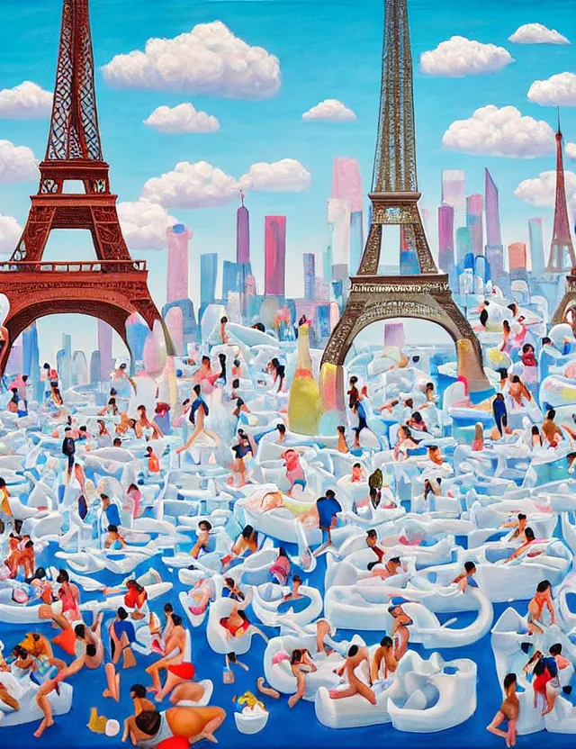 Prompt: a funny painting of ice sculptures made of icecream in the shape of the skyline of paris and eiffel tower on a very bright sunny summer day, very hot and the ice is melting fast and people are swimming their way through the icecream in the style of james jean and fernando botero