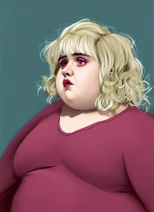 Image similar to full body portrait, kiernan shipka as sabrina spellman, white hair, obese, bangs, sultry, realistic, sultry smirk, fluffy bangs, curly bangs, fat, belly, intricate, elegant, highly detailed, digital painting, artstation, concept art, smooth, sharp focus, illustration, art by wlop, mars ravelo and greg rutkowski